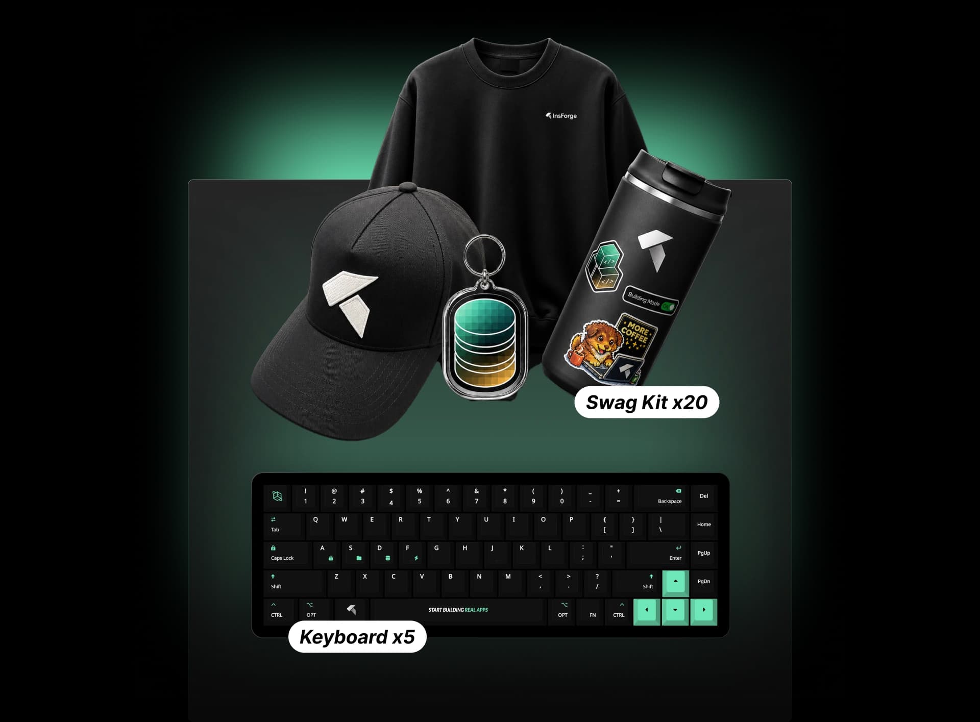 InsForge swag kit with bottle, shirt, and keyboard