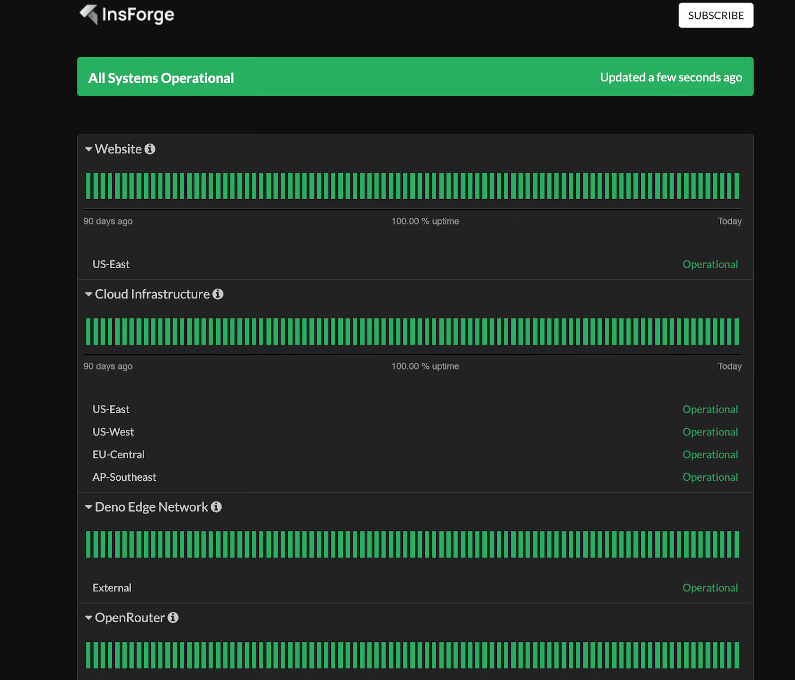 InsForge status page and reliability metrics overview