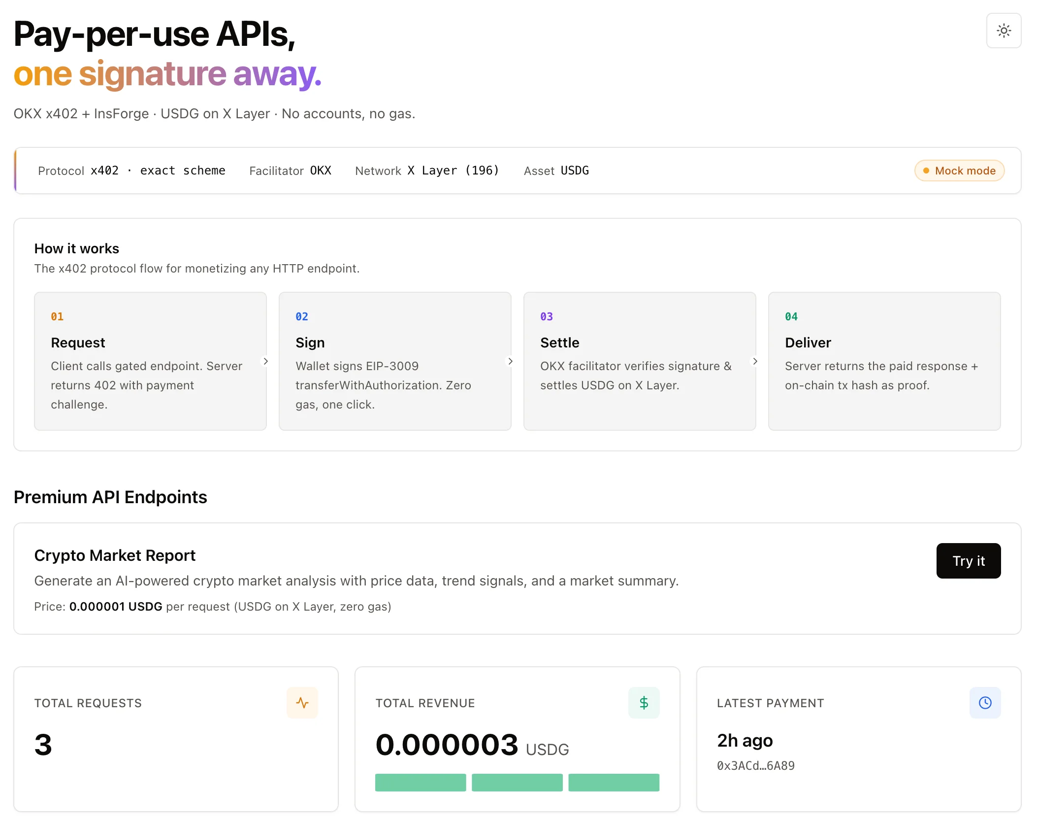 OKX x402 + InsForge demo — payment-gated API with realtime dashboard
