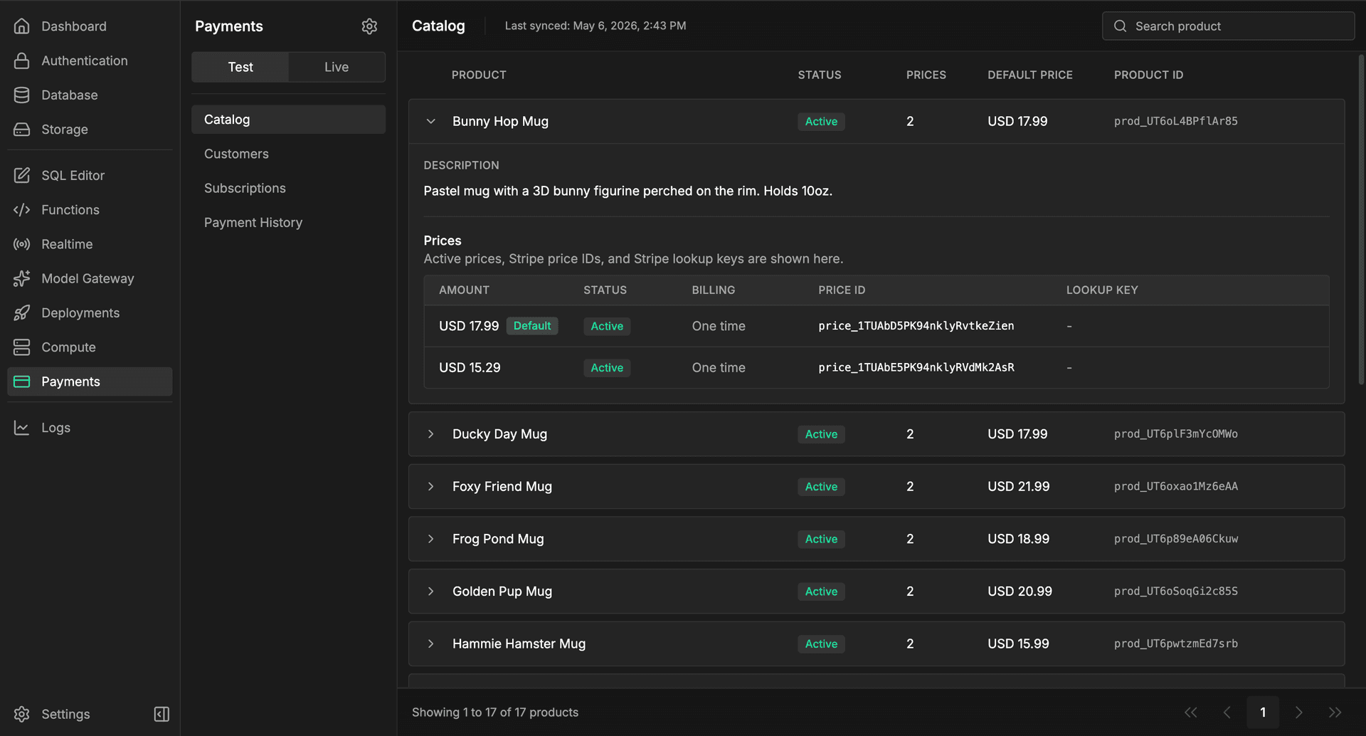 InsForge Payments dashboard showing Catalog, Customers, Subscriptions, and Payment History