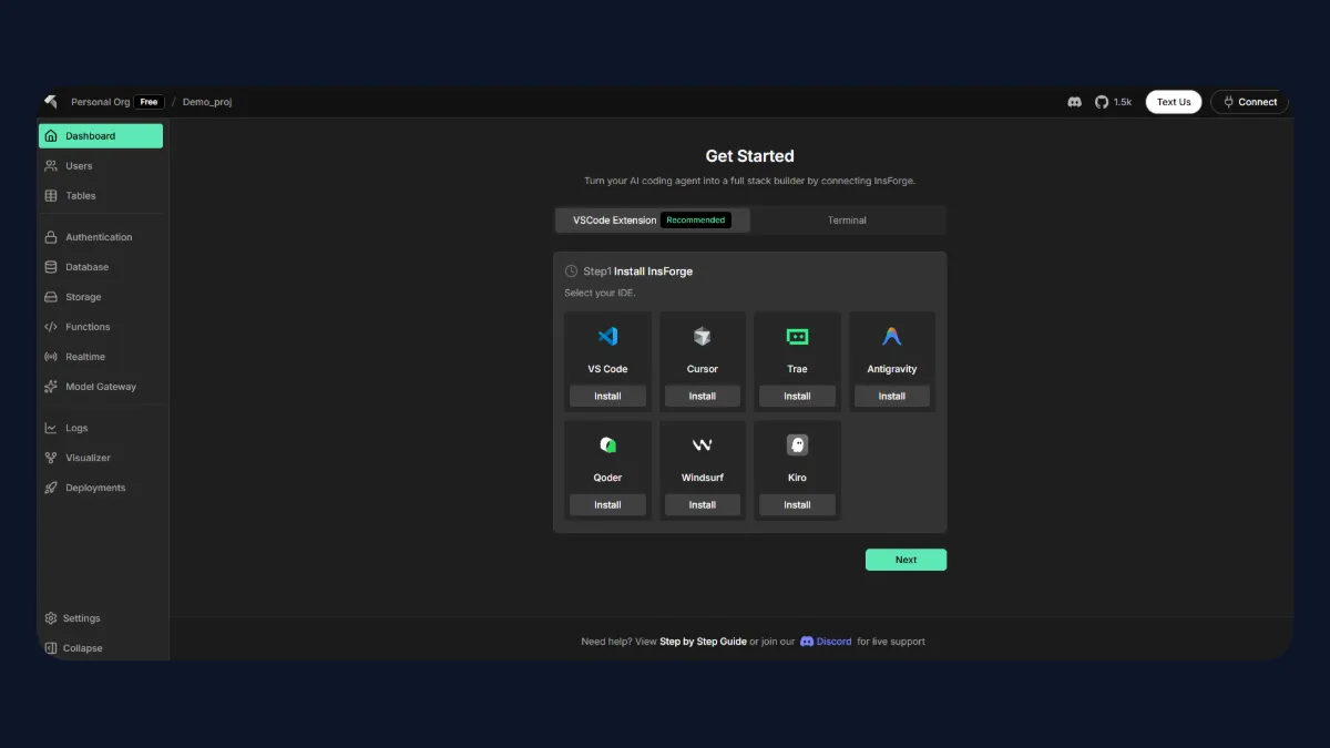 InsForge dashboard - Get Started with MCP connection