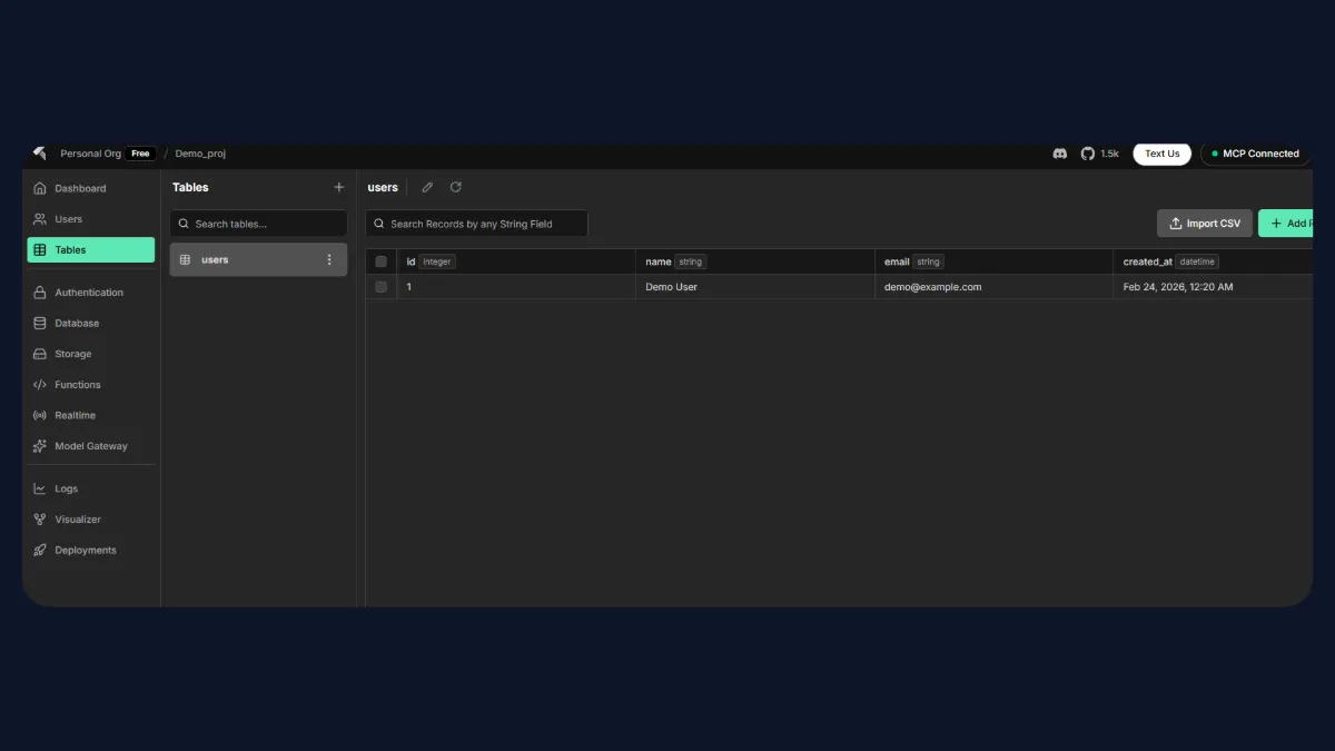 InsForge dashboard showing the inserted user record
