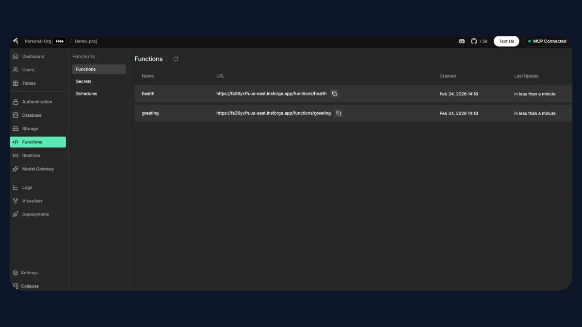 InsForge Functions dashboard showing deployed health and greeting functions