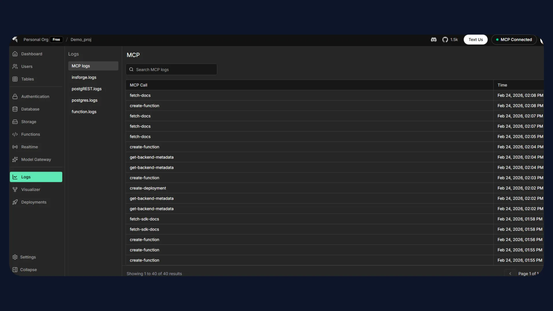 InsForge MCP logs showing tool invocations