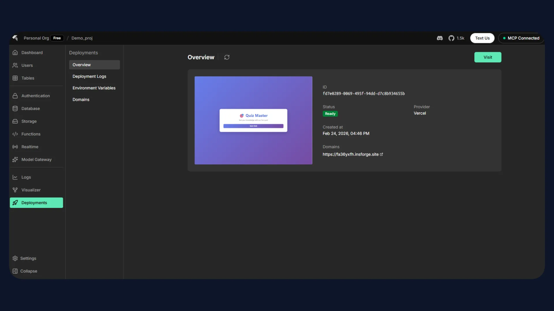 InsForge Deployments dashboard showing the deployed Quiz Master application