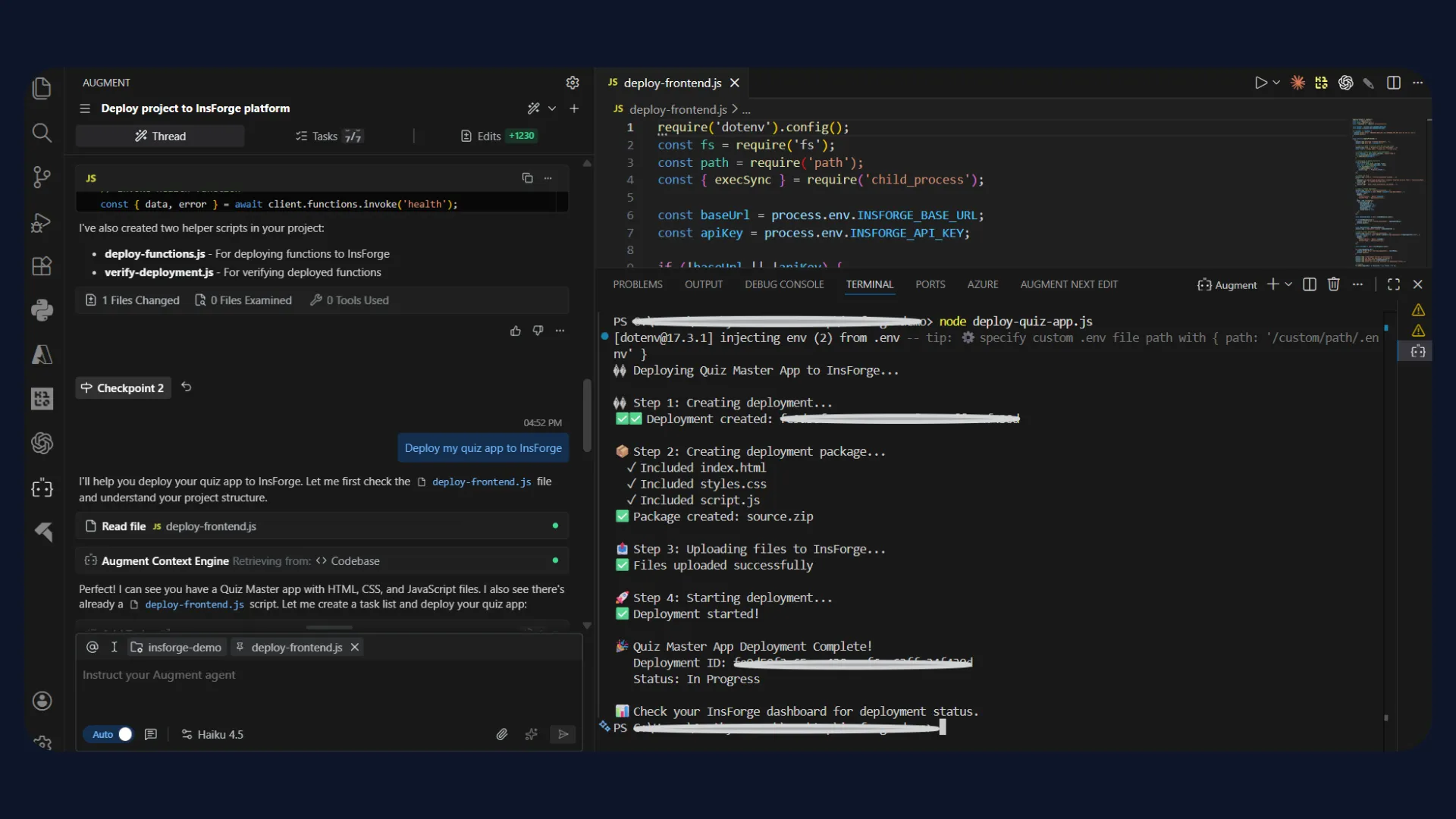 Agent executing full quiz app creation and deployment workflow
