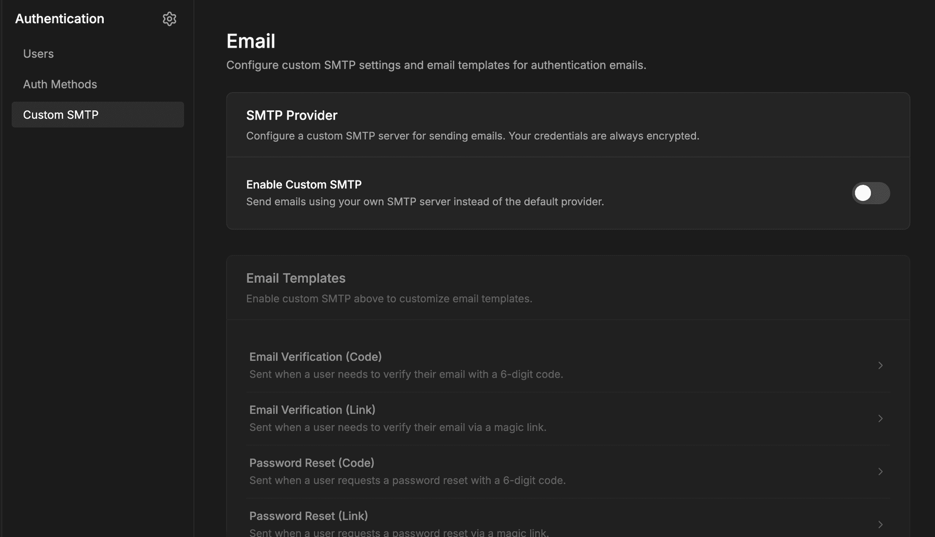 InsForge dashboard Custom SMTP page with SMTP provider toggle and email template list