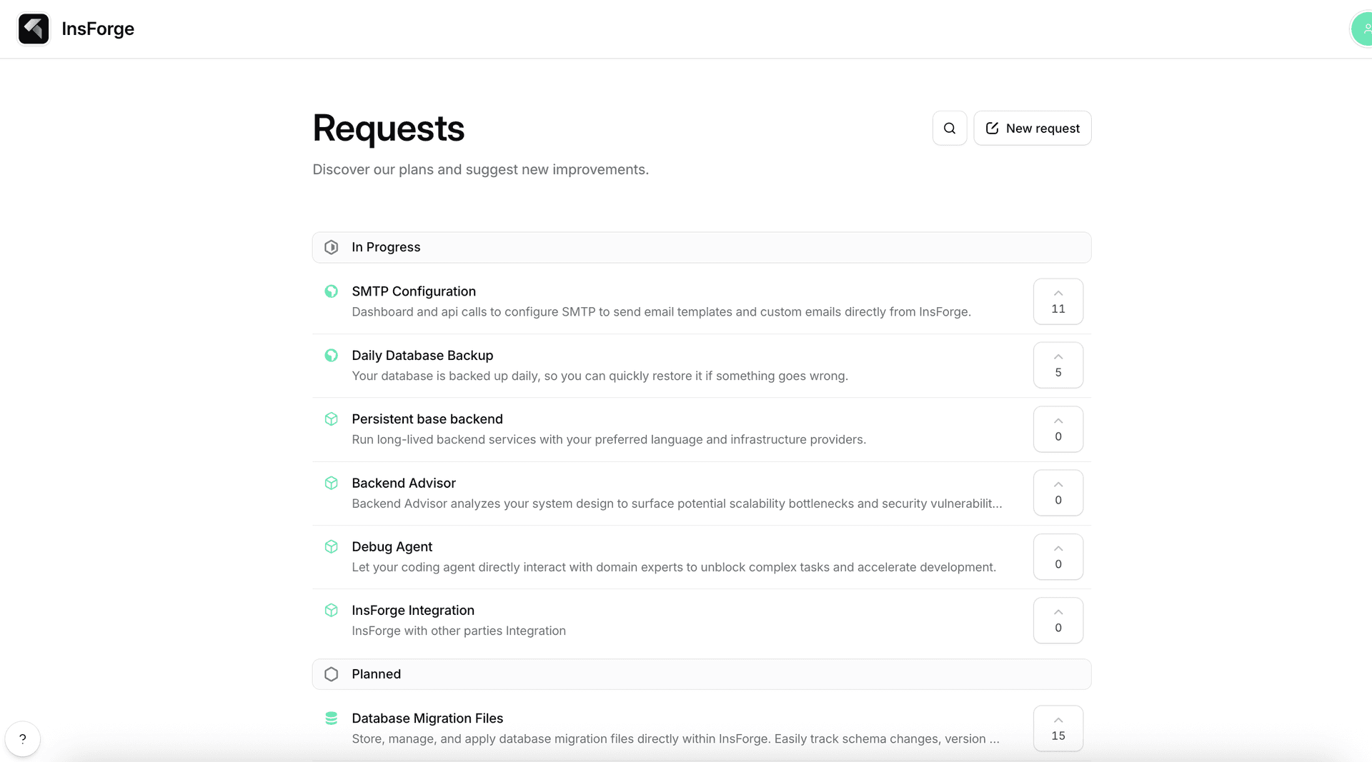 SMTP Configuration at the top of the InsForge roadmap with the highest vote count