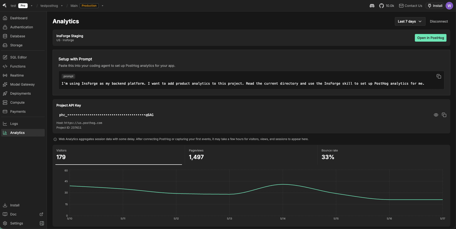 Connected Analytics page showing connection status, setup prompt, API key, and KPI cards with a trend chart