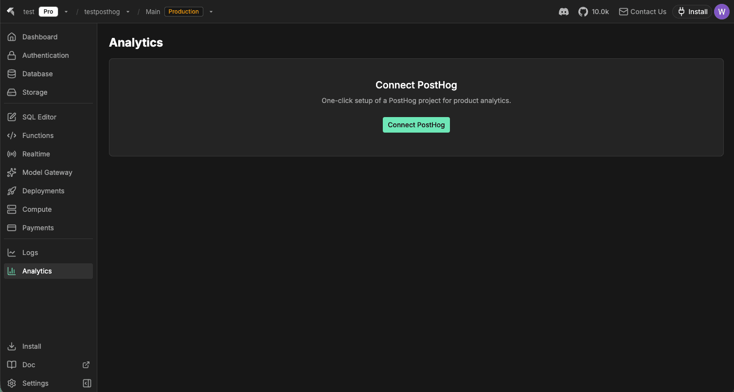 InsForge Analytics page with the Connect PostHog empty state