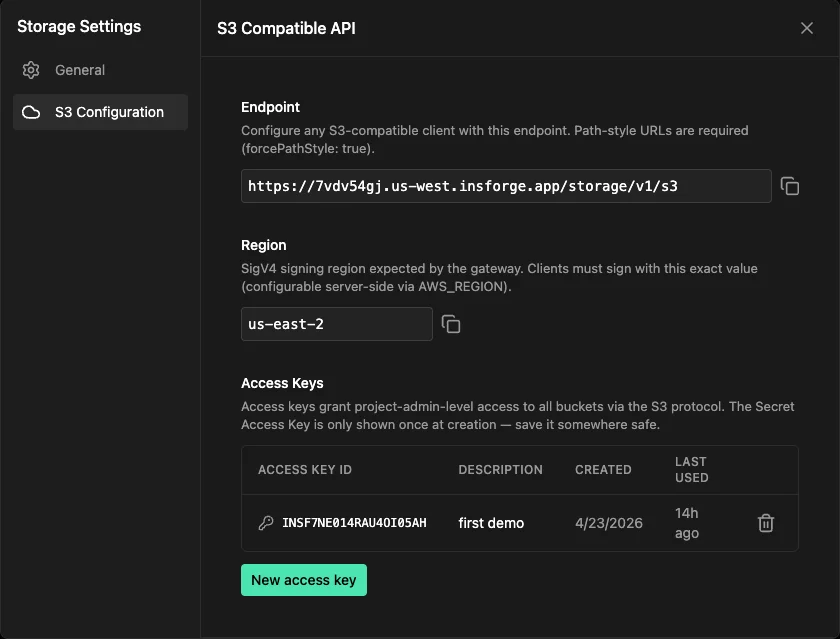 S3 Configuration in the InsForge dashboard