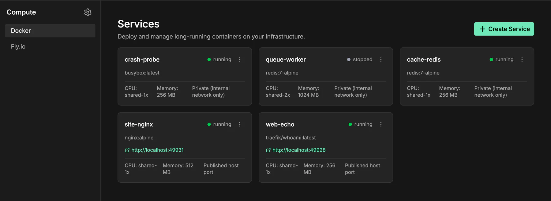 Docker Compute services running in the self-hosted InsForge dashboard